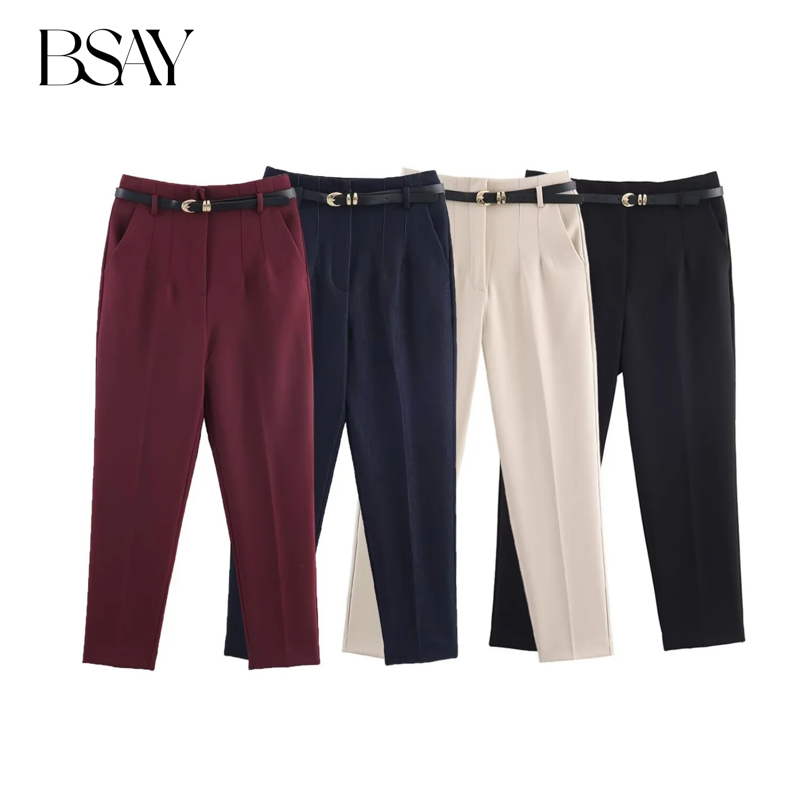 BSAY Freizeithose mit Gürtel, Damenbekleidung, vorne plissiert, 2025, Herbst, neue schicke französische einfarbige Hose mit Seitentaschen