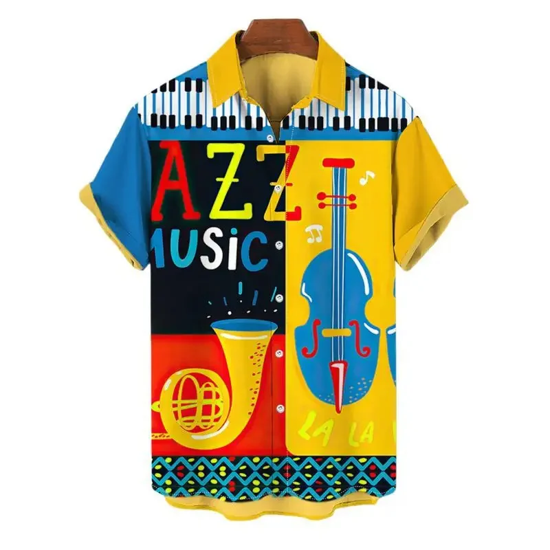 Musical Instrument 3D Print Hawaiian Shirt Men\'s Retro Jazz Pattern Short Sleeved Shirts Casual Oversized Harajuku Lapel Blouse