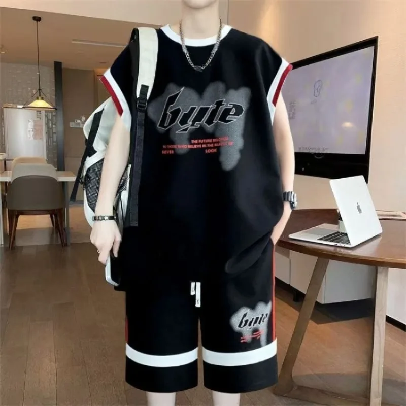 

Men's Summer New Arrival Hong Kong Style Sleeveless Tank Top 2 Piece Set Loose Fit Casual Versatile Teenage Student Outfit