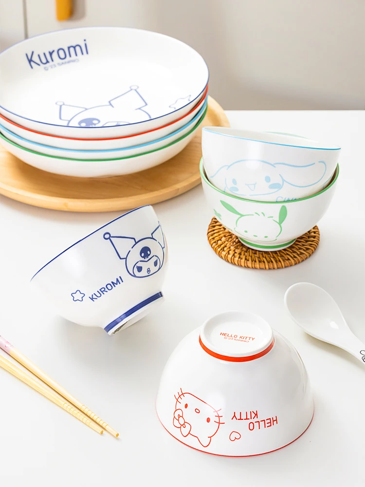 

MINISO Sanrio Tableware Cinnamoroll Kuromi Melody Pochacco Bowl Plate Children's Cute Ceramic Tableware Set Food Storage Gifts