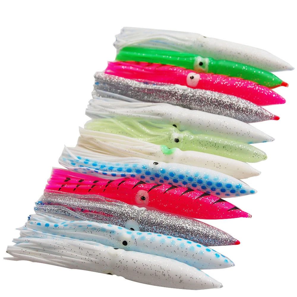 12Pcs Fishing Lures Squid Skirts Octopus Lures Soft Plastic Trolling Skirt bait Saltwater Fishing Bait for Bass Trout 12/15/18CM
