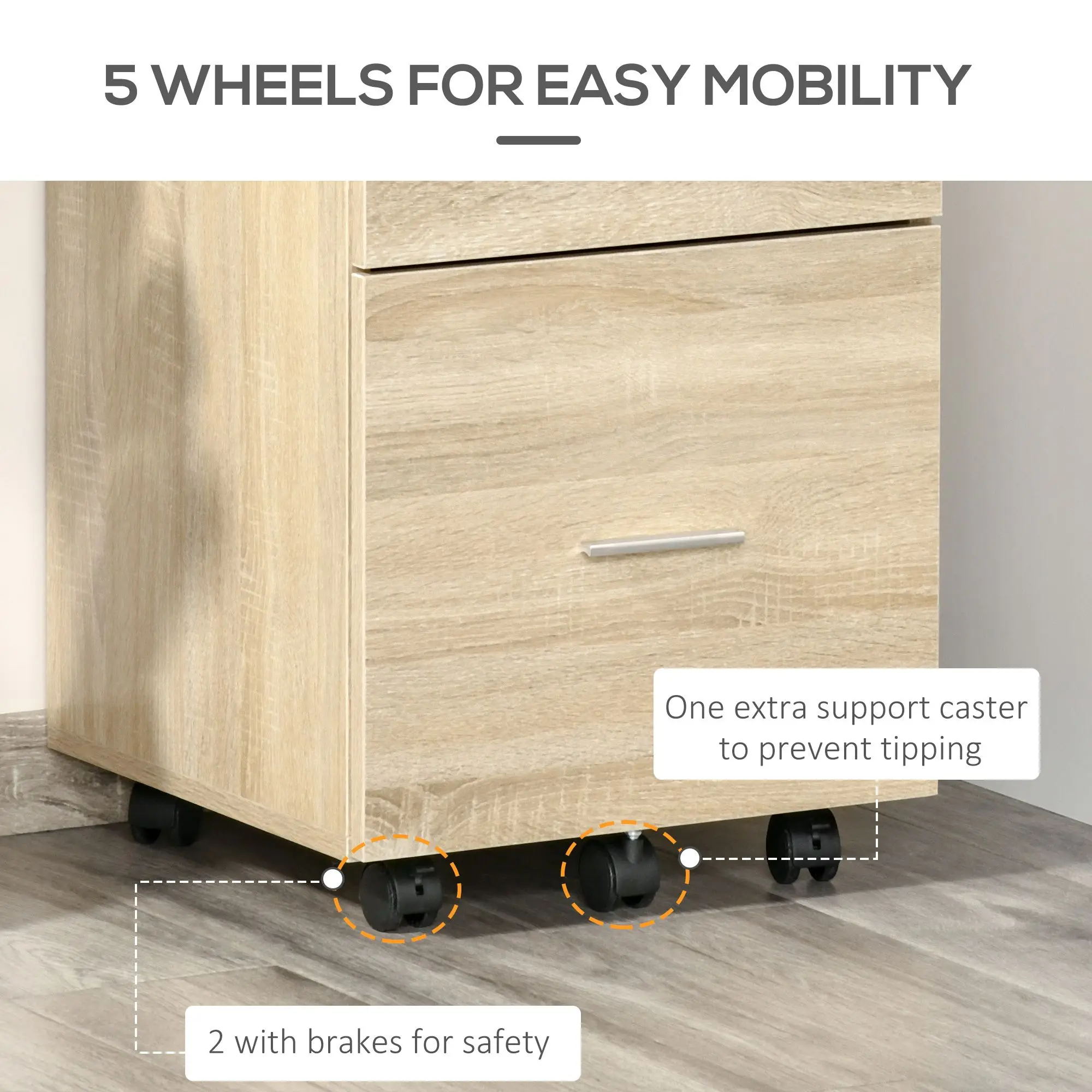 For Mobile Filing Cabinet, Vertical File Cabinet with 2 Drawers, Wheels, for Letter or A4 File, Natural