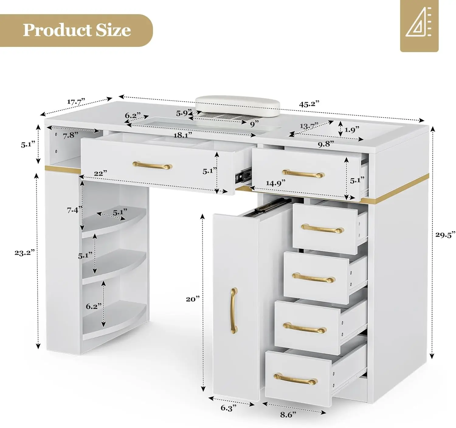 Table Nail Station for Tech, Glass Top Table Acetone Resistant w/Dust Collector, 7 Drawers & 3-Tier Shelves, Beau