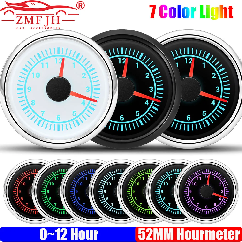 

ZMFJH Automoblie 2"52MM Clock Gauge 0-12 Hours Hourmeter 7 Color Backlight Pointer Instrument Meter Indicator for Boat Yacht Car