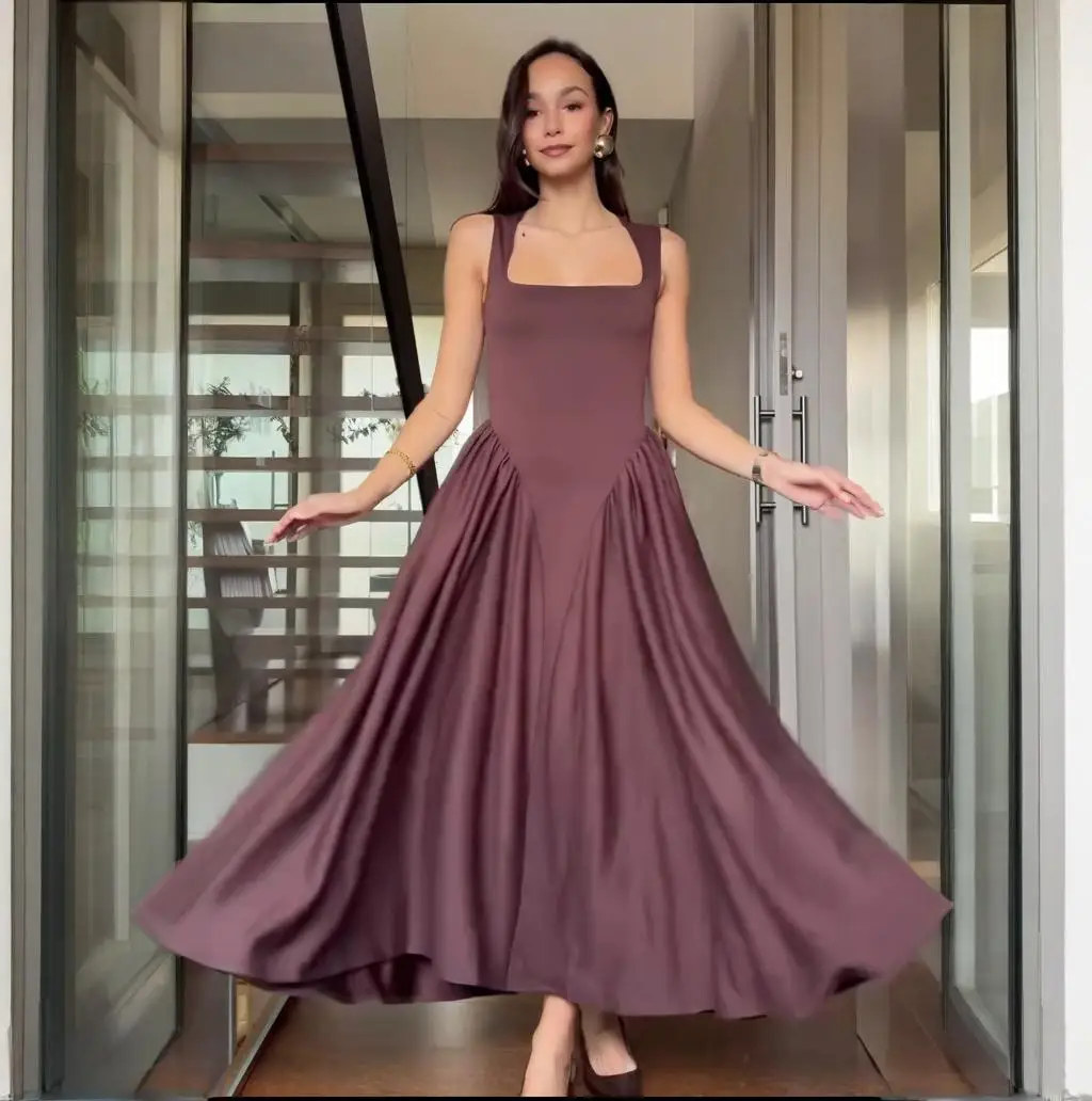 

Women's Elegant Solid High Waist Pleated Long Dress Fashion Square Neck Sleeveless A-line Dresses 2025 Vocation Beach Streetwear