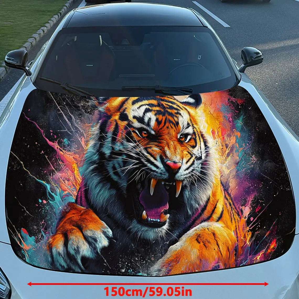 Artistic Tiger Fantasy Car Vinyl Wrap, PVC Material Waterproof Car Hood Sticker, Self-Adhesive Scratch-Resistant Stickers for En