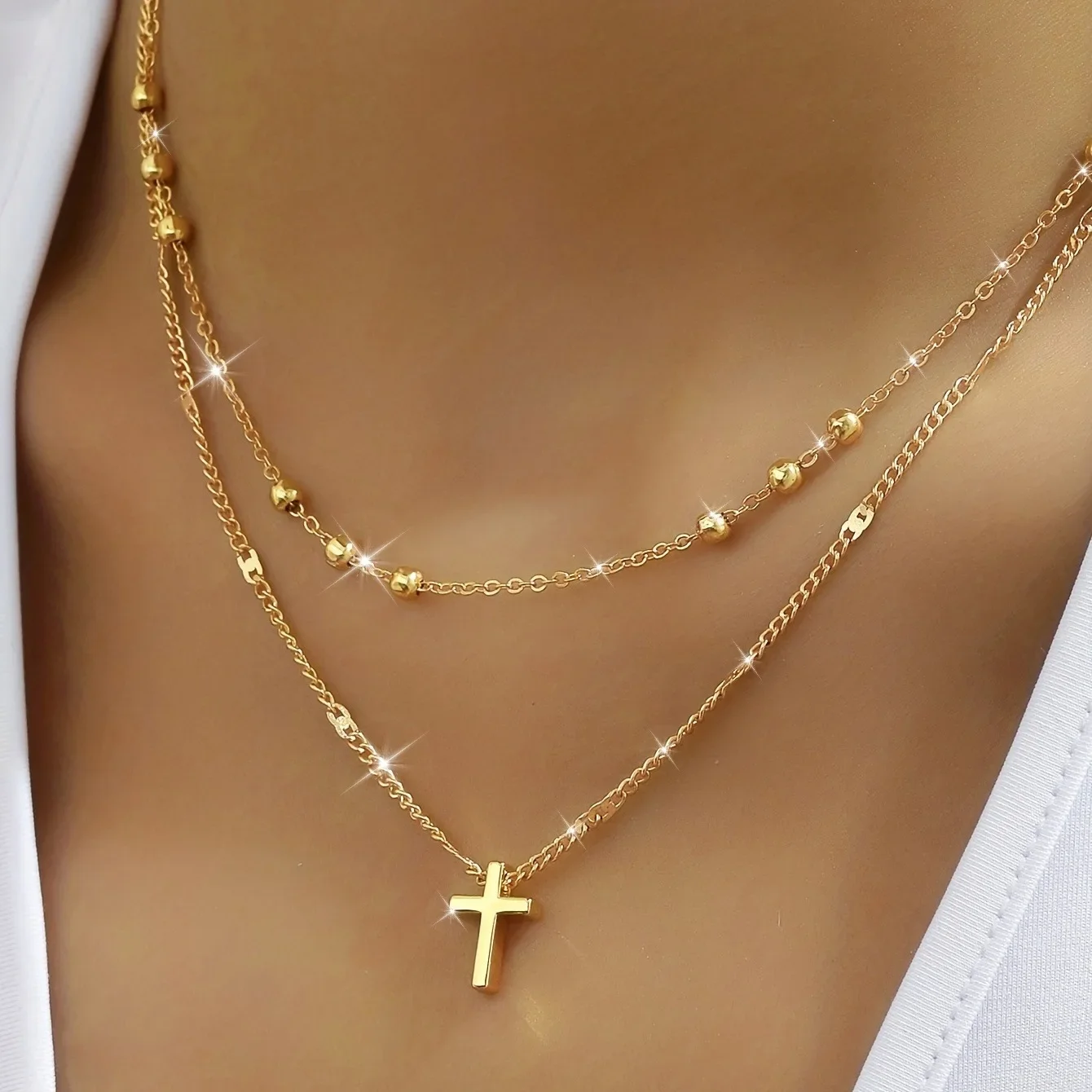 

[French Layered Necklace] Classic French Layered Necklace - Trendy & Unique Double-Layer Cross Design with Golden Beads, Perfect for Women as a Choker Chain