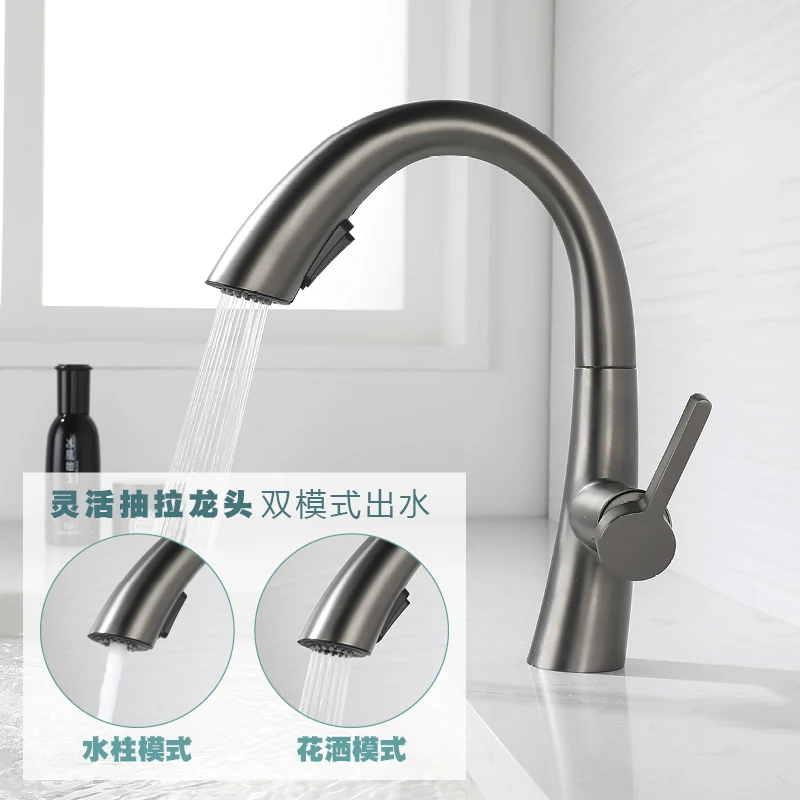 

Deck Mounted Single Hole Bathroom Pull Down Faucet Dual Function Vanity Sink Faucet 1 Handle Hot and Cold Mixer Tap Gray