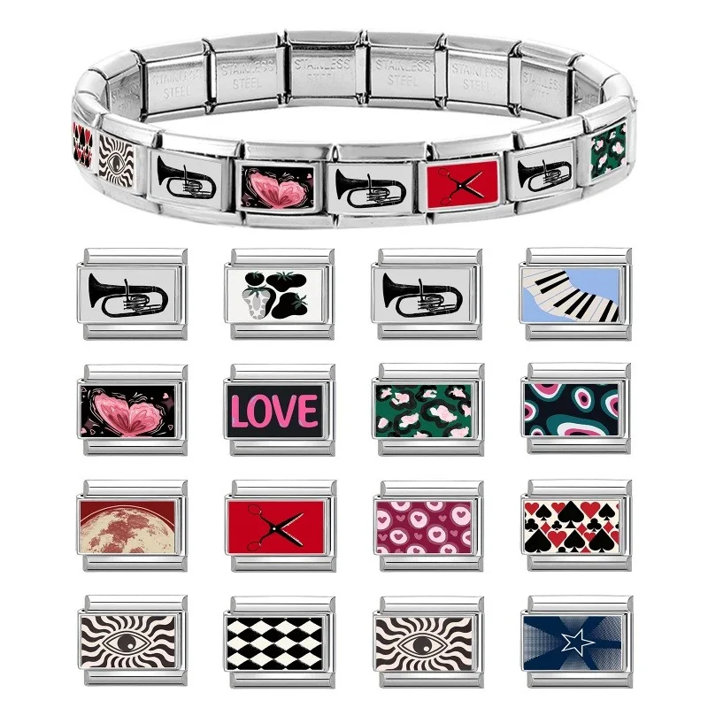 New Pink Black Butterfly Love Hearts Stars Italian Links Charm Fit 9mm Jewelry Stainless Steel Making DIY Fashion Bracelets Bead
