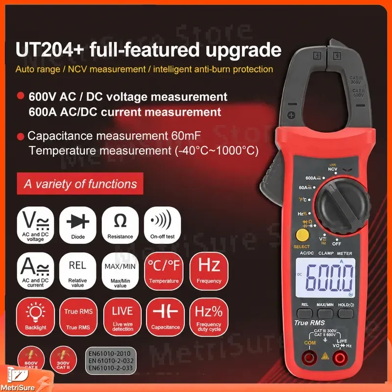 Digital Clamp Meter 400A 600A AC DC Current Tester with NCV Voltage Detection Auto Range Temperature Measurement Multimeter
