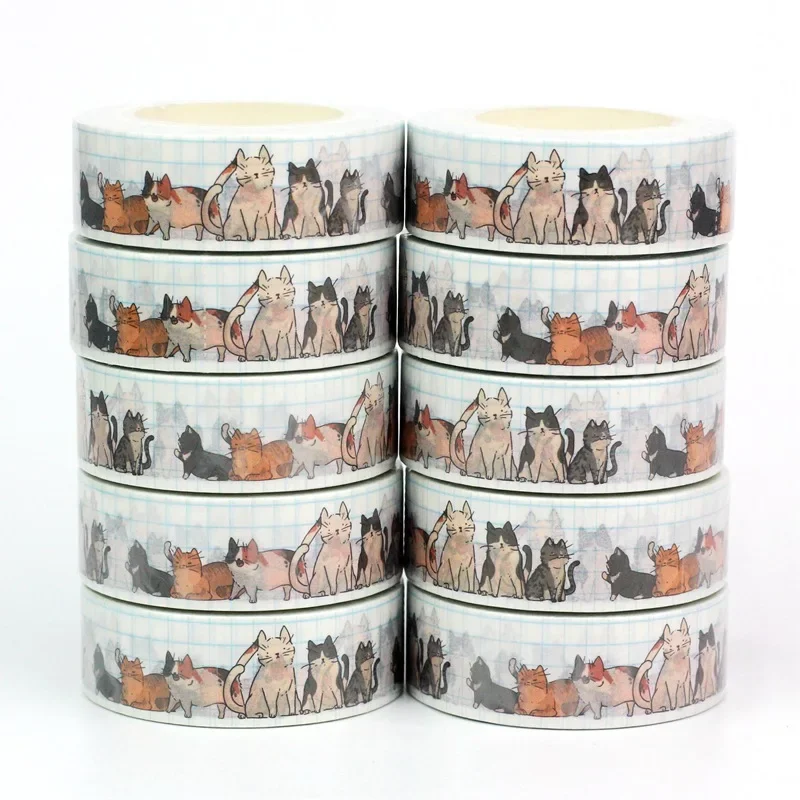 Wholesale 10PCS./Lot Decor Cats on Grid Note Washi Tapes for Scrapbooking Planner Adhesive Masking Tape Cute Papeleria