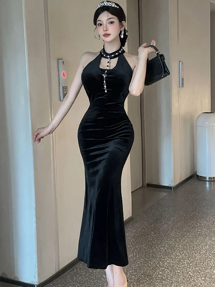 Outono inverno vermelho veludo diamantes pescoço-montado vestido feminino elegante vestido de festival de luxo 2025 coreano bodycon dança vestidos de festa