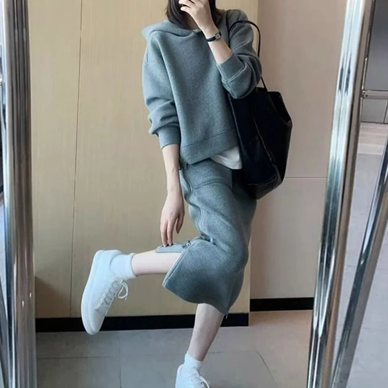 2 Piece Sets Women Trendy Casual Streetwear Y2K Oversized Hooded Sweatshirts 2023 Autumn Gray High Waist Split Midi Skirt Outfit