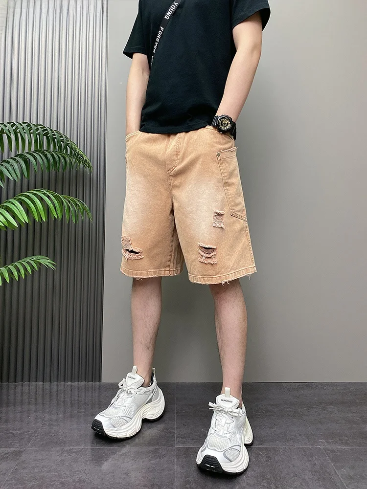 

Джинсовые брюки с талией, мужские летние тонкие модные корейские пляжные повседневные брюки, молодежные активные брюки со средней талией и эластичной резинкой на талии