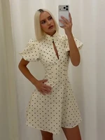 Retro Polka Dot Mini A-line Dress Women Elegant Stand Collar Puff Short Sleeve Waist-cinching Dresses Lady Party Robe 2026 New - Image 3