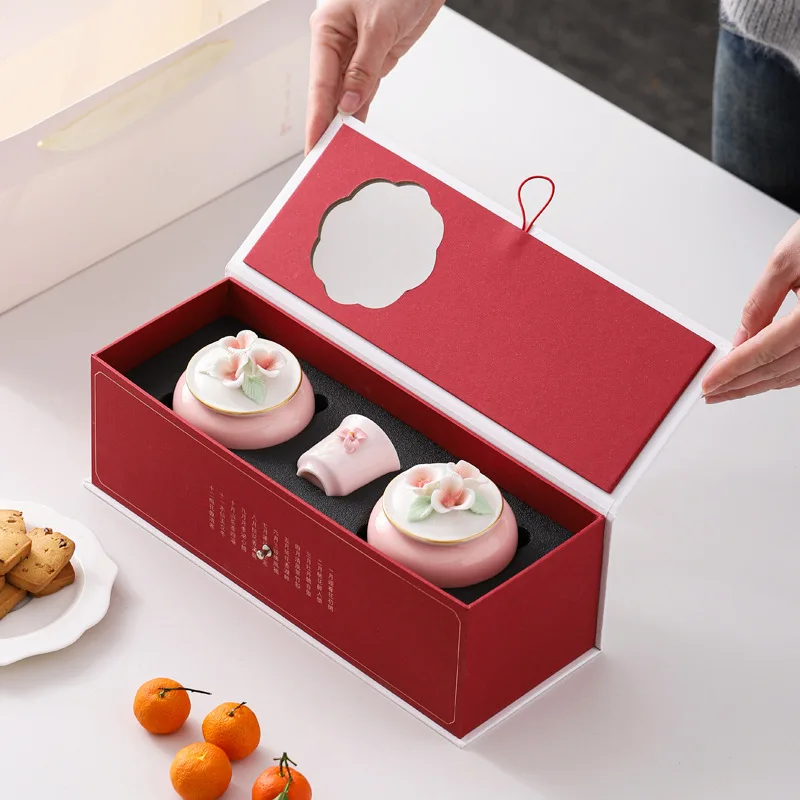 

For Ceramic Pink Pinch Flower Travel Tea Set Outdoor Portable Kung Fu Tea Cup Storage