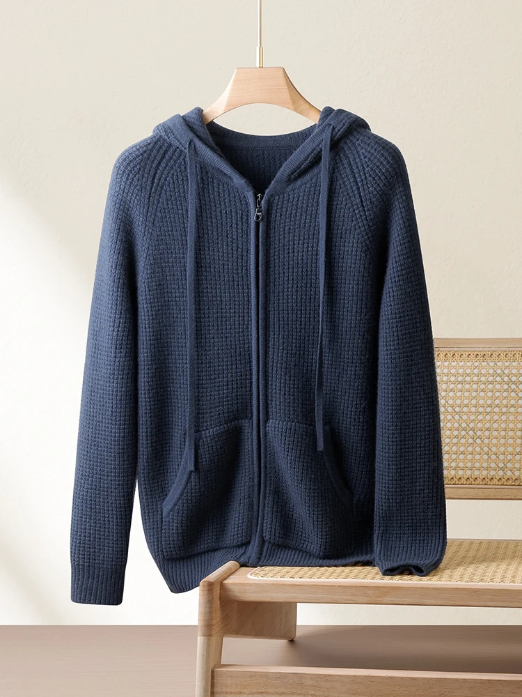 

Hooded cardigan 100% pure cashmere sweater men's autumn and winter loose thickened zipper hoodie knitted jacket sweater