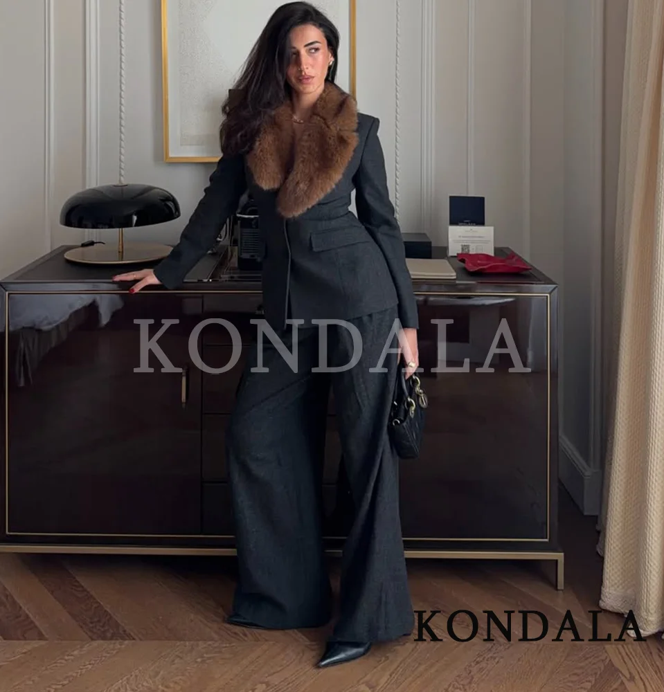 KONDALA Modna Marynarka w Stylu Vintage z Odpinanym Futrzanym Kołnierzem Damska Elegancka Szykowna Marynarka Zapinana na Guziki Wyszczuplająca Cienka Marynarka Wiosna 2026 Marynarka na Kolację dla Pań