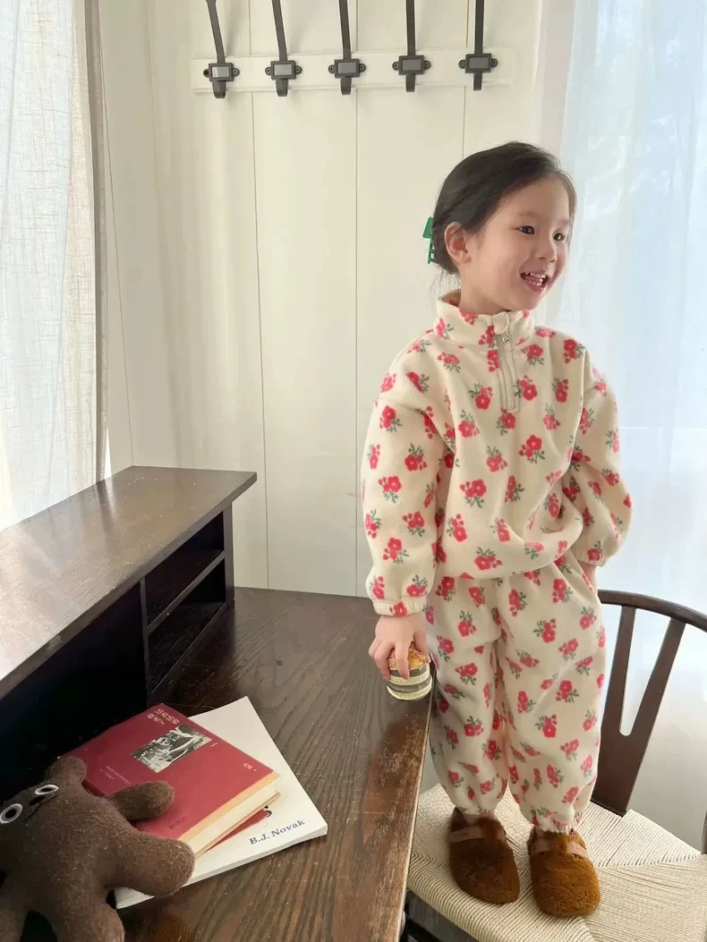 

Casual Versatile Set Fleece Lined Warm Two-Piece Set Autumn Winter Unisex Toddler Stand Collar Printed Double-Sided Fleece