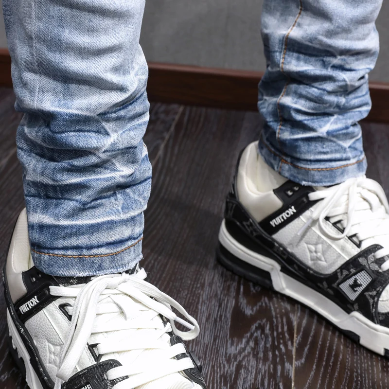 fashion newY2K jeans stretch slim fit ripped holey2k white patch washed nostalgic retro light blue jeans high street designer