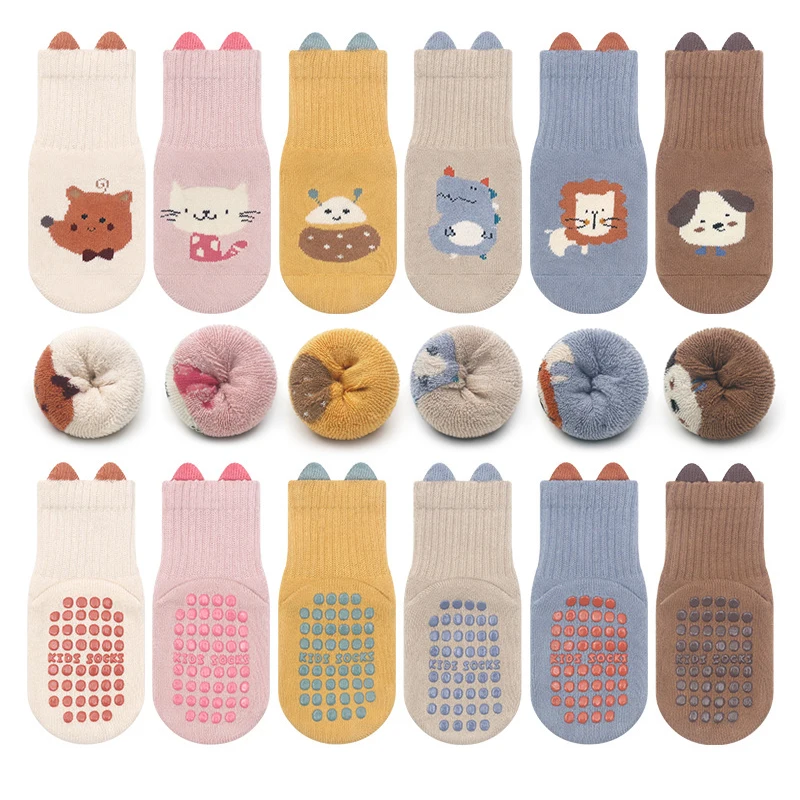 5 Paar gestreifte, rutschfeste Baby-Bodensocken, Kinder-Cartoon-Tier-Mittelknie-Socken, geeignet für alle Jahreszeiten – Detail 2
