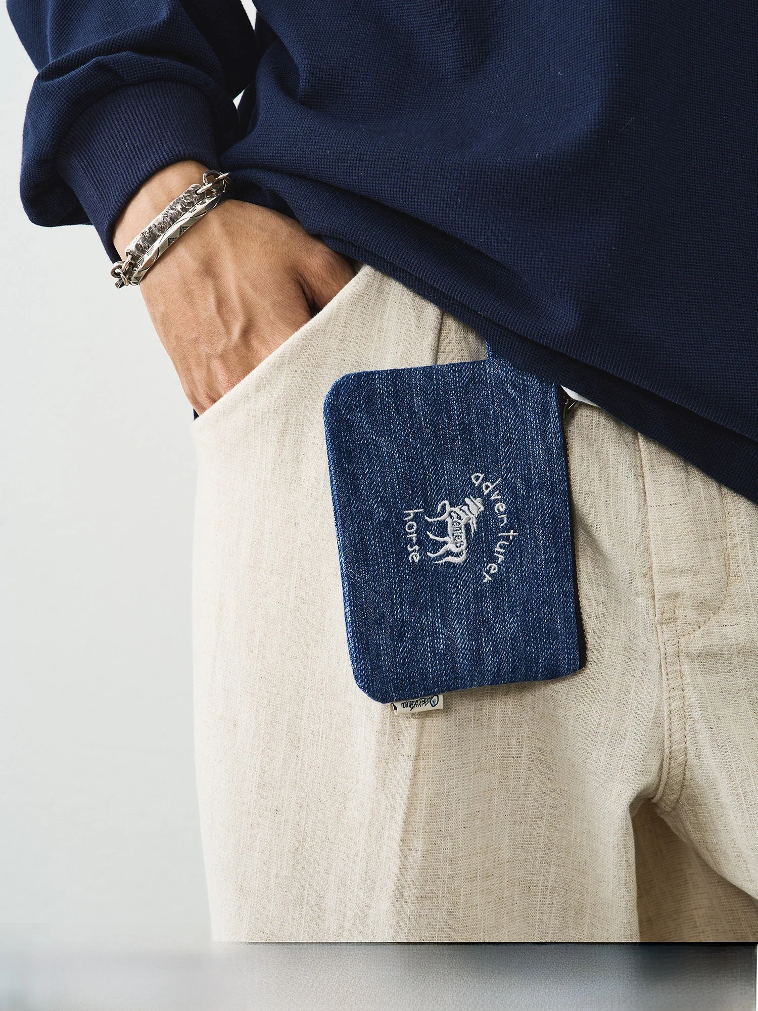 Washed Denim Bamboo Texture Key Bag Coin Purse Retro Artistic Style Square Shape for Students Male And Female Suitable