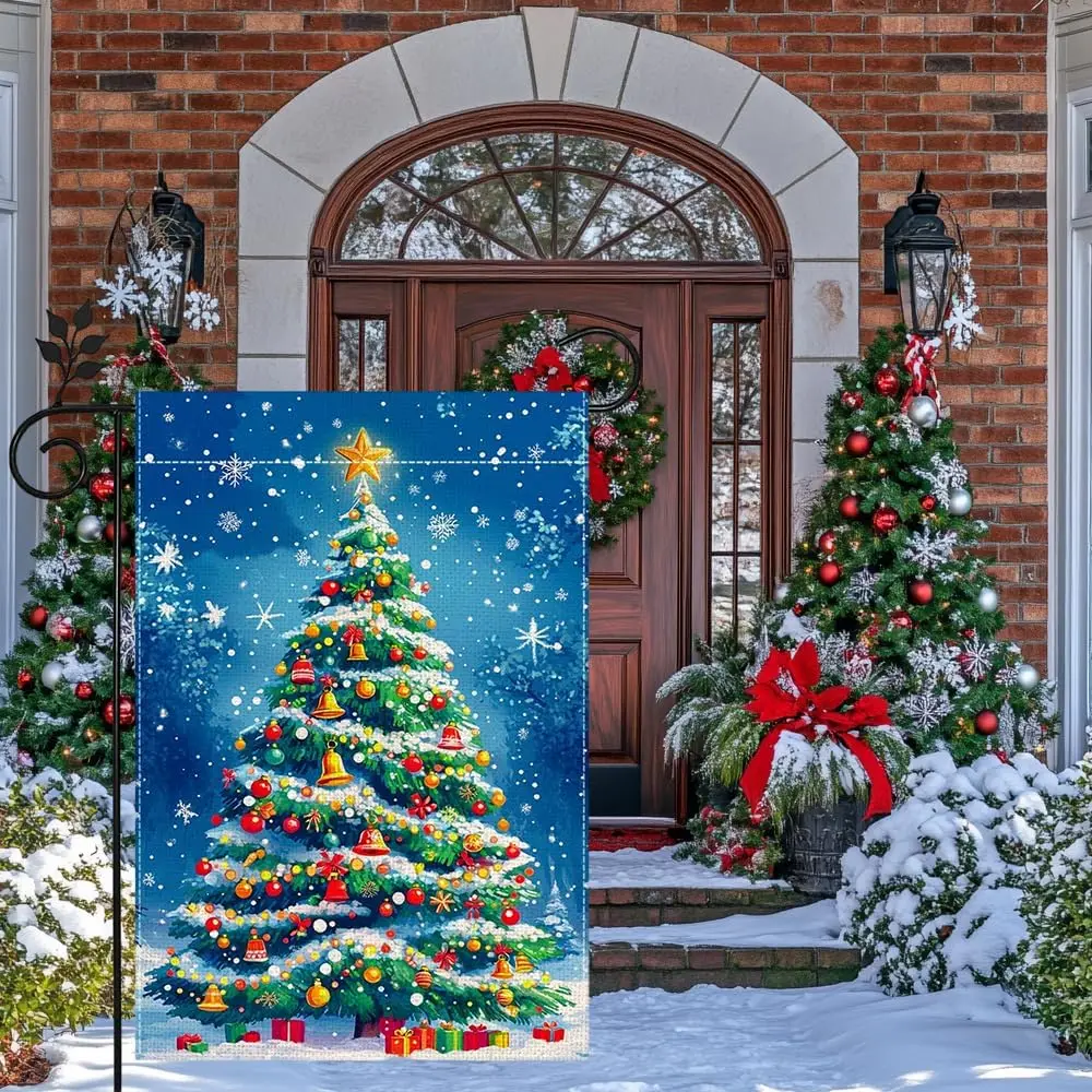 Winter Christmas Tree Garden Flag for Outside, Snowflake Xmas Ball Welcome Christmas Yard Flag 12x18 Inch Double Sided Burla uui
