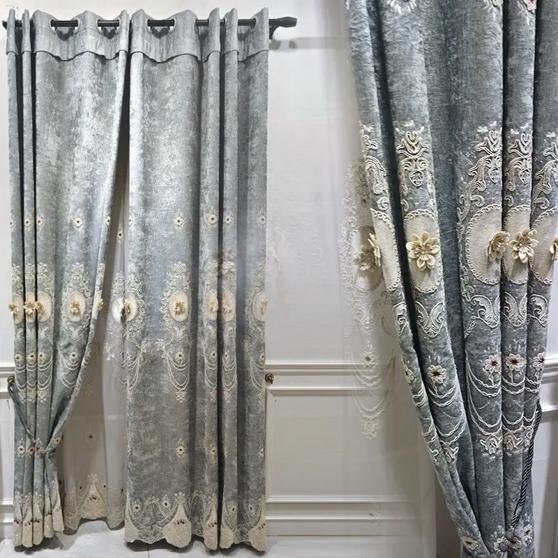 

European Luxury Chenille Fabric Embossed Embroidered Blackout Curtains for Living Room and Bedroom Floor-to-ceiling Curtain