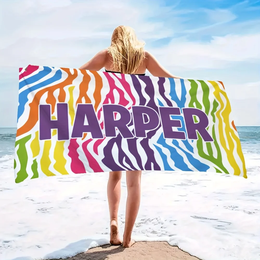 Custom Colorful Pattern Beach Towel with Personalized Text, Quick-Drying, Non-Stick Soft Microfiber, Essential for Beach, Travel