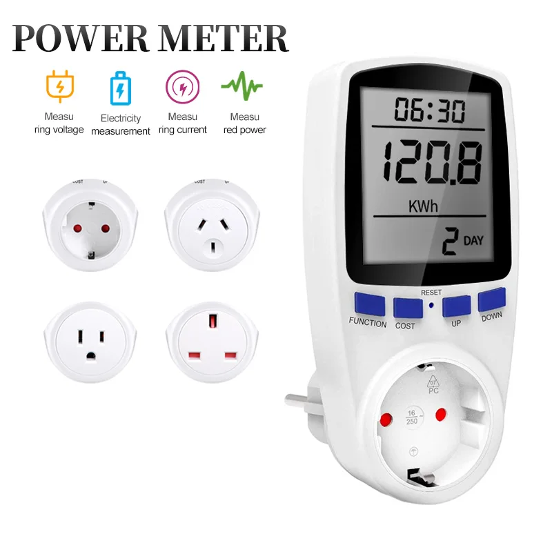 Medidor de Energia Digital com Lcd Soquete do Wattmeter Potência Kwh Energia ue Reino Unido Eua au Plug Tomada de Medição Analisador ac 220v