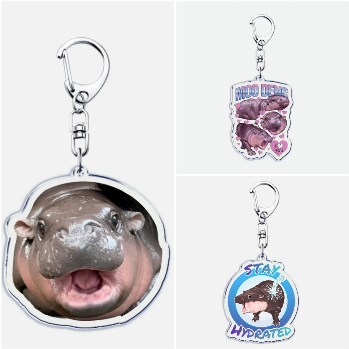 Animal Cartoon Baby Hippo Moo Doong Key Chains Two-sided Keychain Moo Deng Acrylic Pendant Keyring Birthday Gift