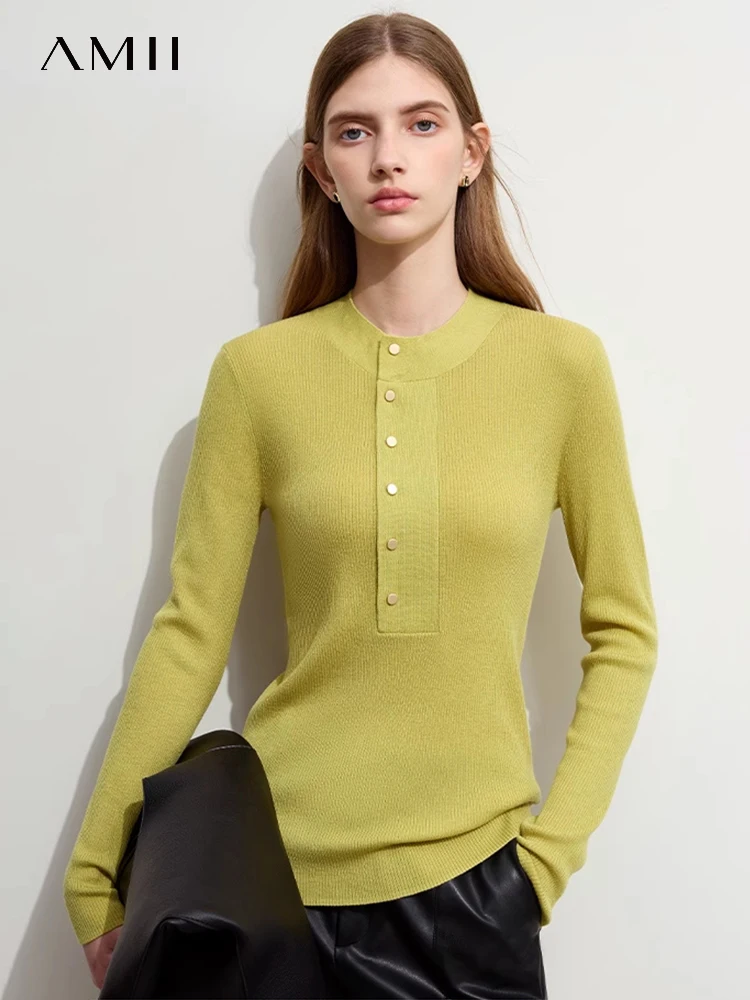 AMII Minimalist 2023 Autumn Women Sweaters New Simple Solid Slim-fit Long Sleeve Breasted Mock Neck Female Pullovers 12323096