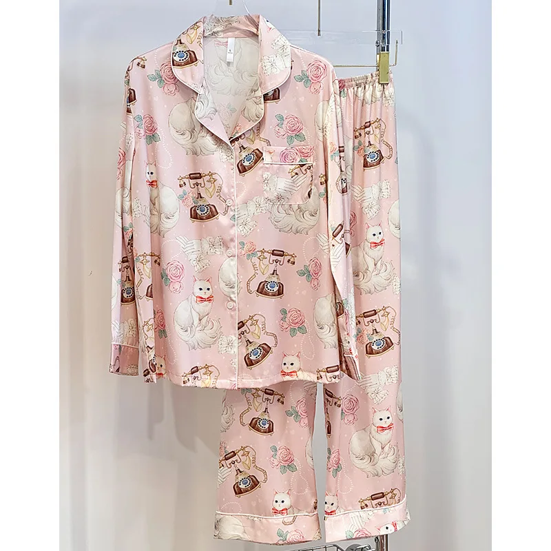 2026 Spring Summer Pink Sweet Cat Long Sleeve Pants Cartoon Kitten 2piece Set Ice Silk Pajamas Women Nightgown Homewear Nighty