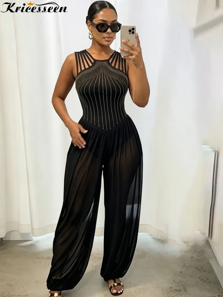 Kricesseen Sexy Women Rhinestone Crystal Details Jumpsuit New Sparkly Sheer Mesh Contemporary Dance Harem Pants Jumpsuit