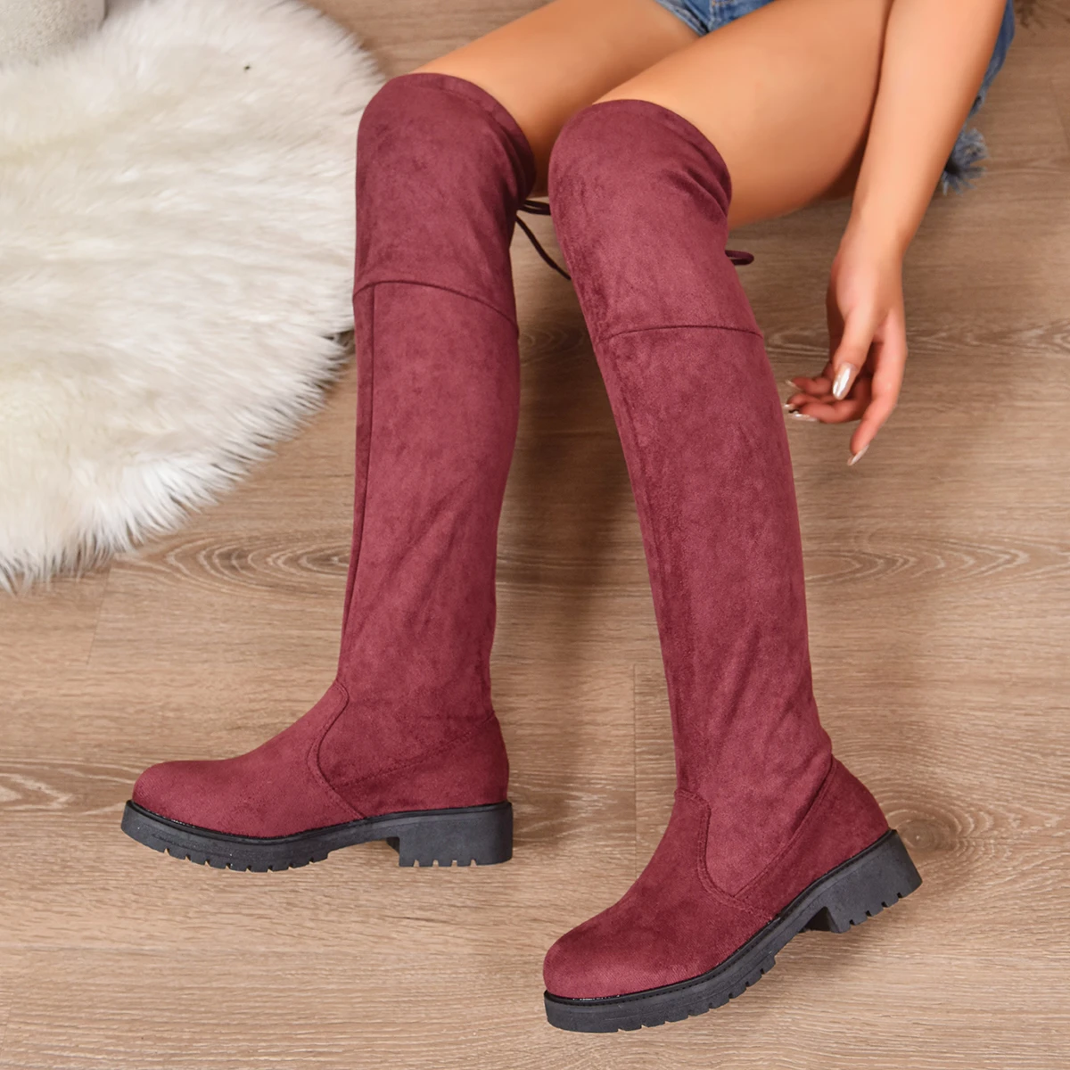 

Женские сапоги до колена из искусственной замши на молнии, эластичные сапоги до бедра со шнуровкой, женские сапоги на каблуке, осень-зима