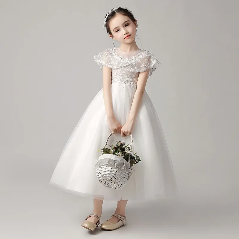 

Kids Fluffy Flower Girl Dress Lace Embroidered Wedding Princess Dress Victorian Host Performance Costume Skirt Evening Dresses