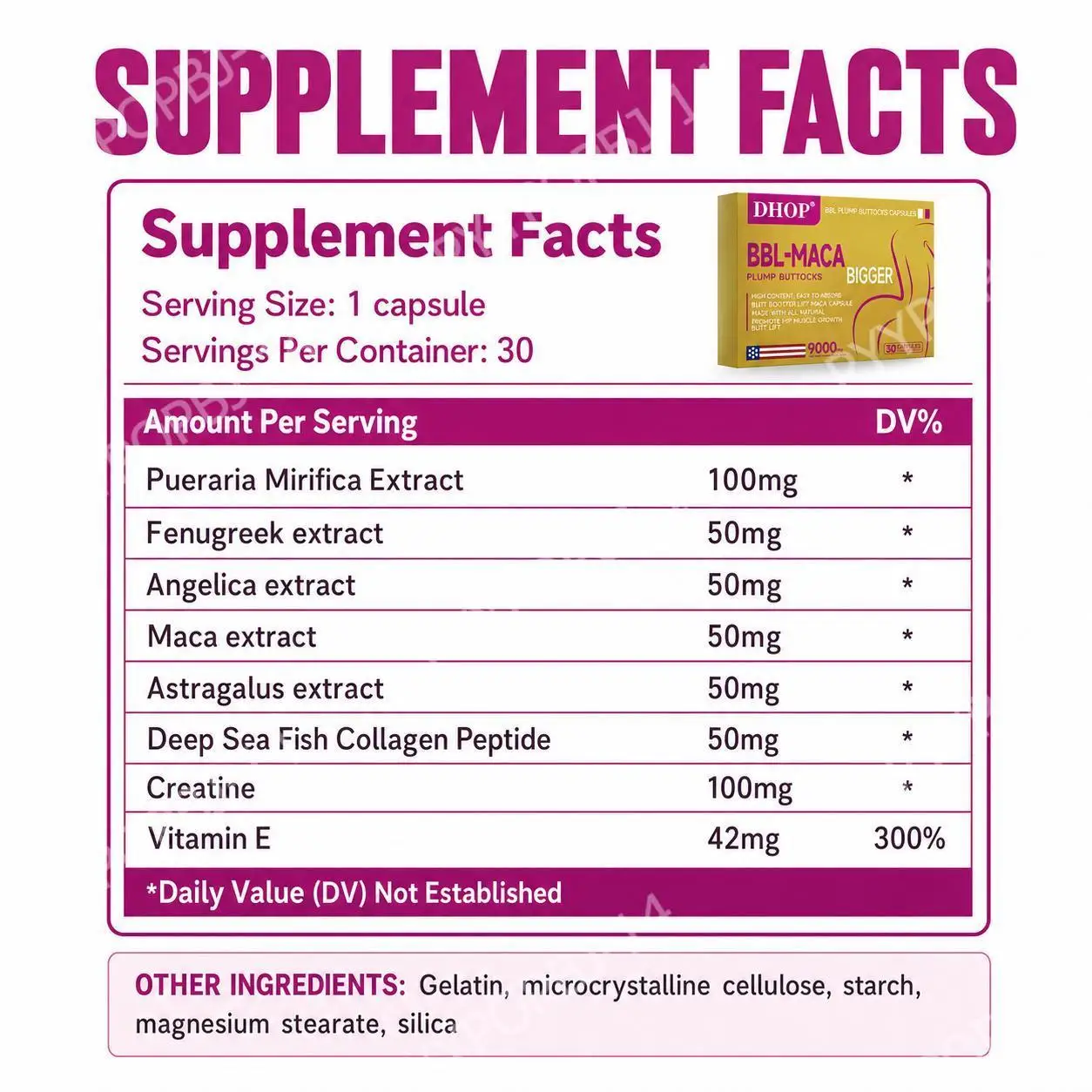 DHOP BBL-MACA Plump Buttocks Capsules with Pueraria Mirifica Creatine and Deep Sea Fish Collagen Peptide Easy Absorb 30 Capsules