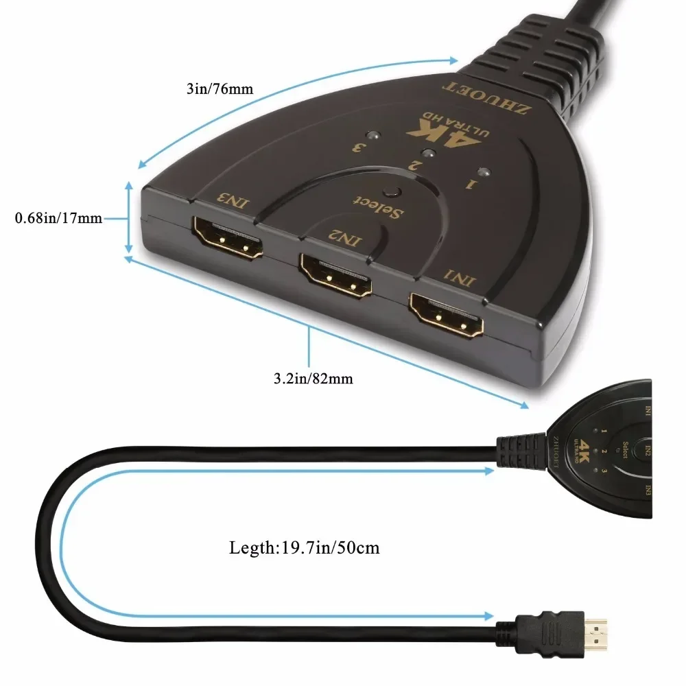 Mini 3 Input 1 Output 4K HDMI-Compatible Port Switch Switcher Splitter For PC TV Box STB DVD Player