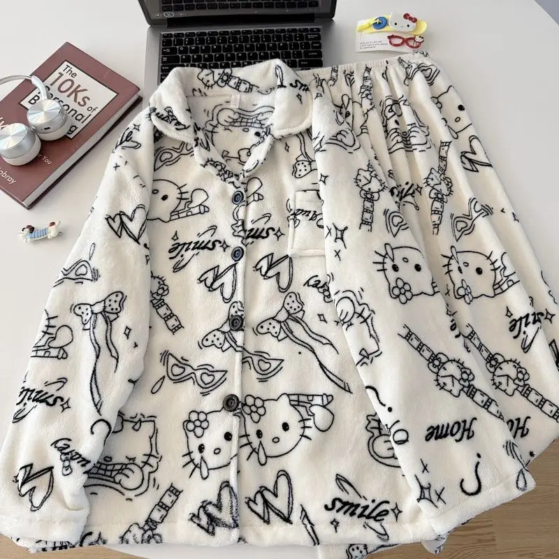 

Женский плюшевый термофланелевой пижамный комплект Hello Kitty 2025 года, осенне-зимний уютный теплый домашний костюм с длинными рукавами для дома