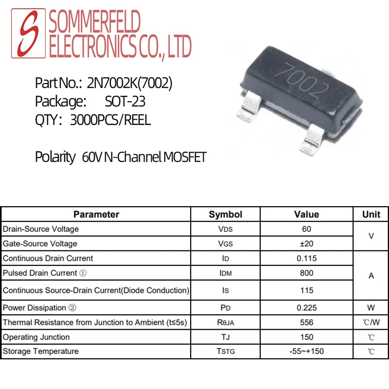 (3000PCS/reel) 2N7002K 2N7002 7002 60V N-Channel MOSFET 115mA