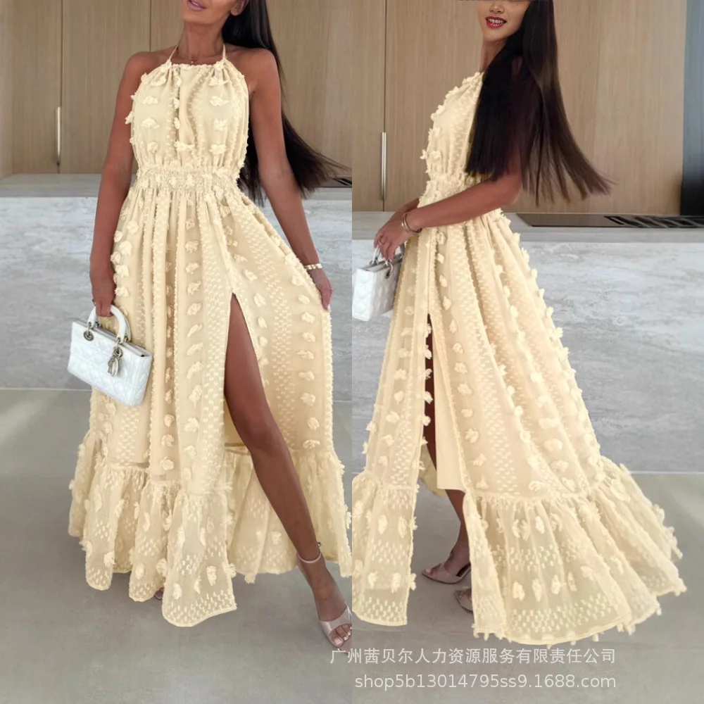 ハイウエストホルターネック3Dフラワーメッシュスリット入りイブニングドレス、バックレスシャーリングラッフルヘム、ダブルレイヤーマキシドレス（レディース）