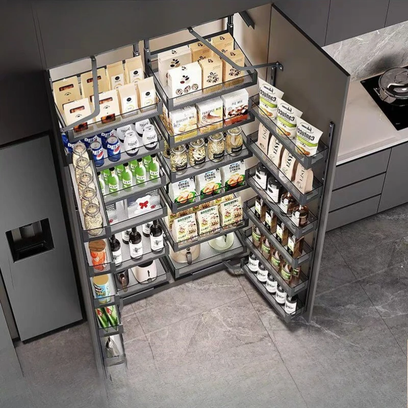 High cabinet big monster pull basket kitchen cabinet built-in door type multi-layer storage big monster snack cabinet linkage