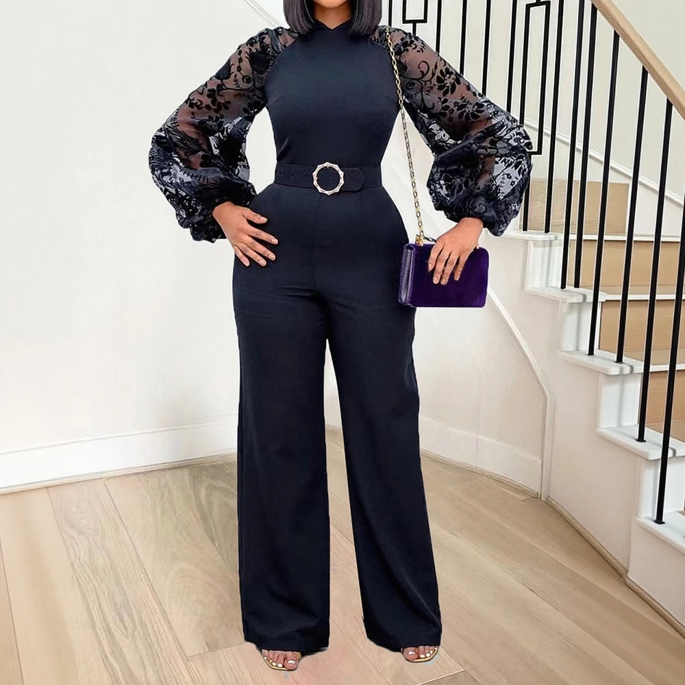 

Women's Slim-fit Large Size Jumpsuit with Belt Lapel Mesh Lantern Sleeve European And American Style Wide Leg African-Inspired
