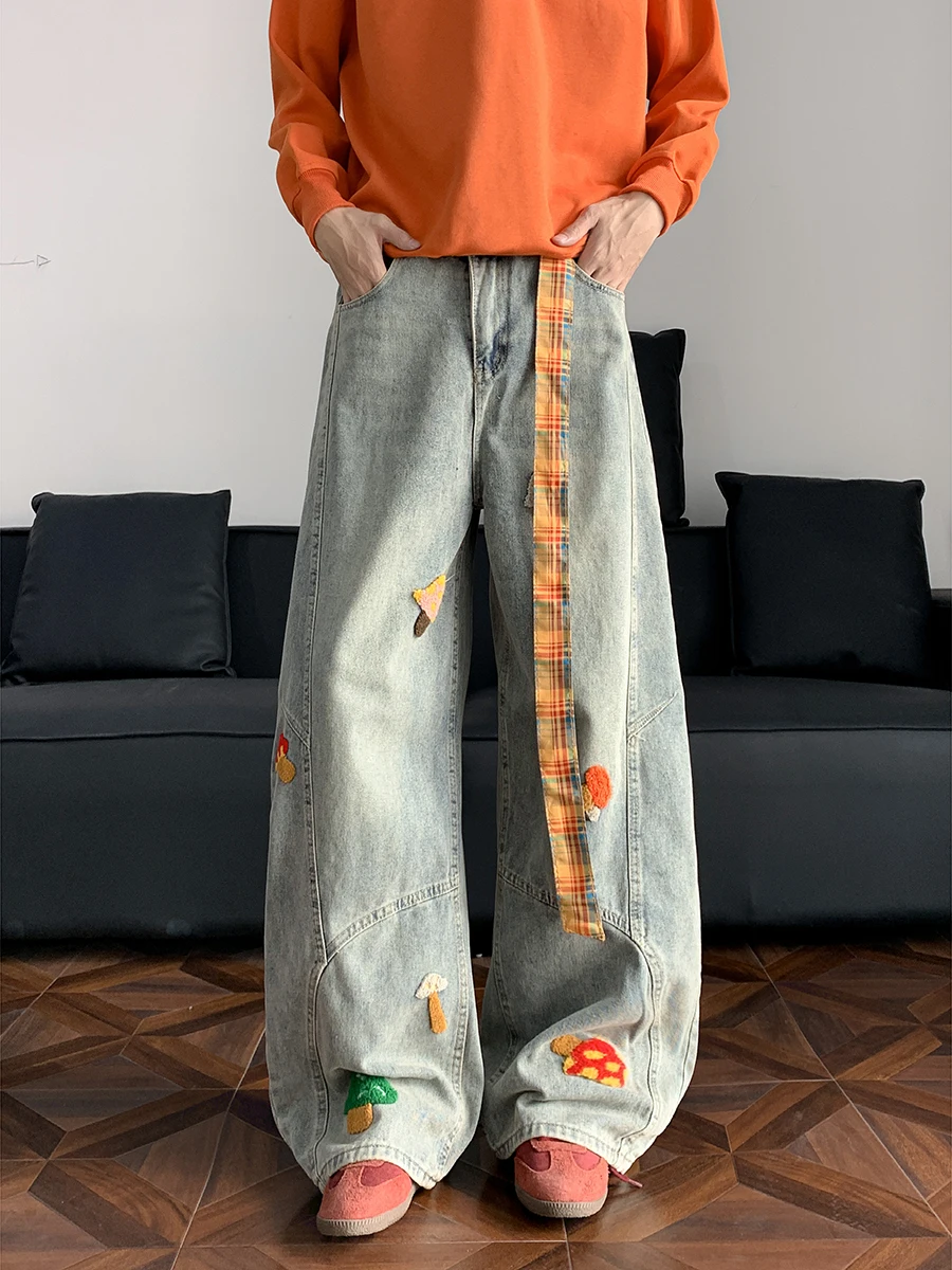 

Джинсы с вышитым дизайном в стиле ретро, мужские и женские прямые джинсы, повседневные брюки с широкими штанинами и изогнутым ножом для пар