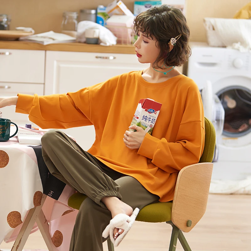 Pajama women's set, spring and autumn long sleeved pullover, combed cotton, sweet cartoon, simple and cute leggings, home wear