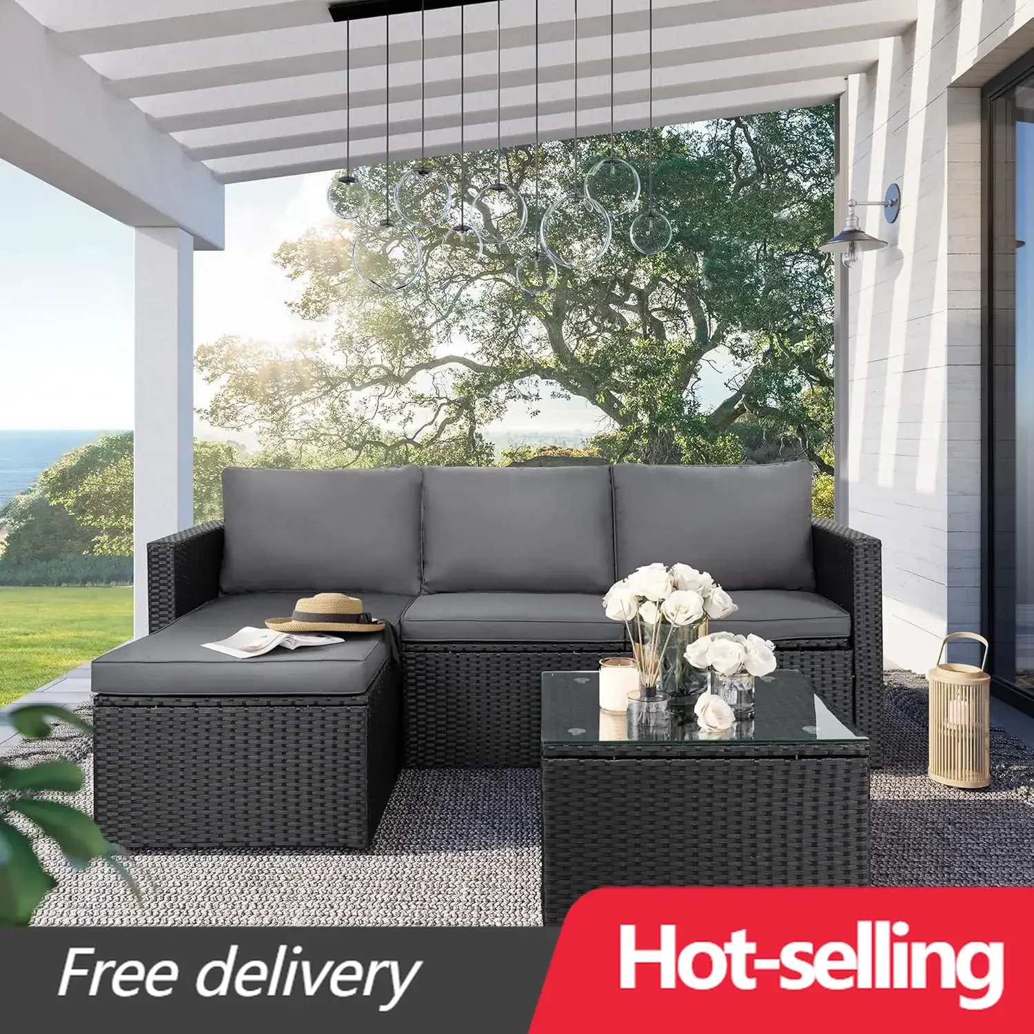 

Small Outdoor Sofa Patio Furniture Set with Detachable Cushions, 3 PCS Patio Sectional Sofa with Coffee Table