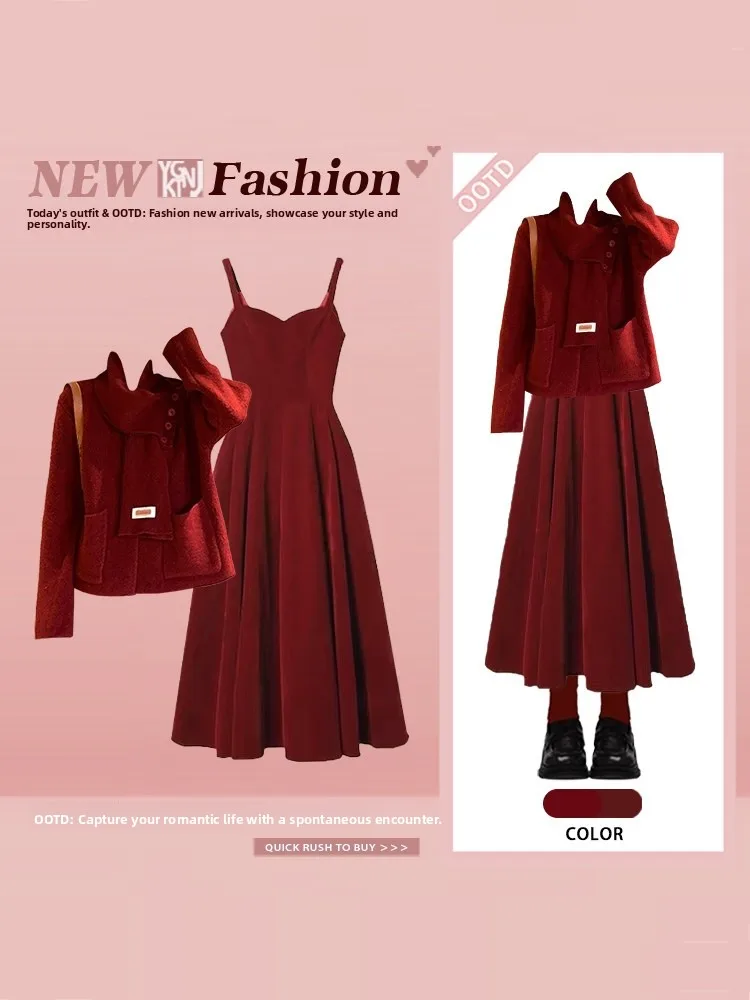 

Red Color Scheme New Year Set Beautiful Loose Outerwear Strap Dr Women's Faion Spring Season Long Sve Knitted Top Mid...