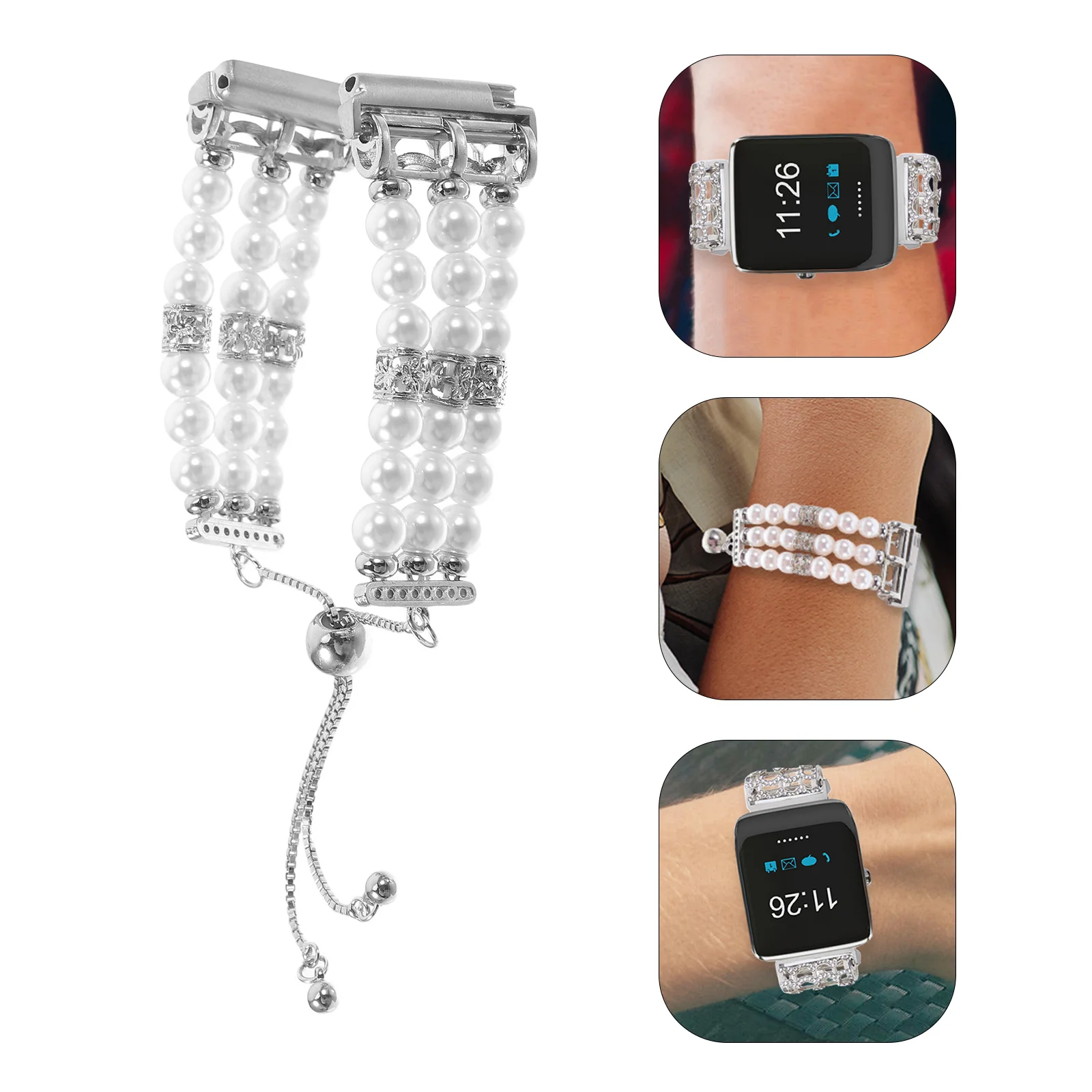 

Adjustable Stainless Steel Flexible Smart Watch Strap Telescopic Faux Pearl Beaded Band Elegant Watch Bracelet for Women