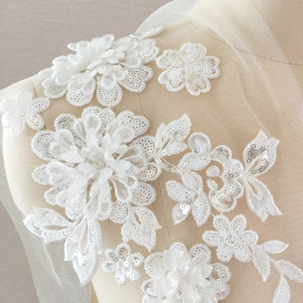 1Pc White Lace Applique Trims Motif Embroidery DIY Craft Edge for Sewing Cloth Patch Repair Accessories 33*19CM