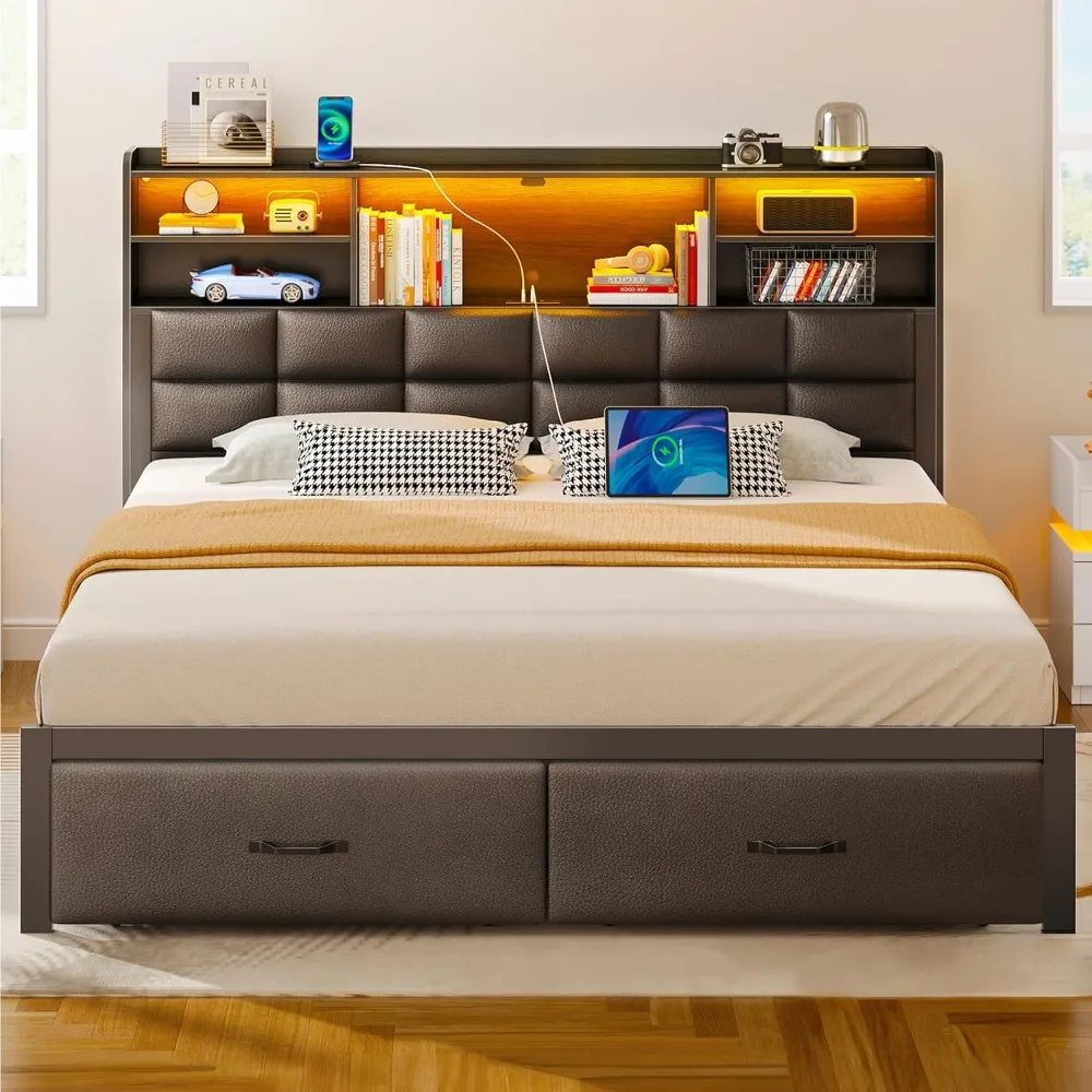 

Bed Frame Queen Size with Drawers and Charging Station,Metal Frame,Upholstered Platform Bed with Storage Headboard and LED Light